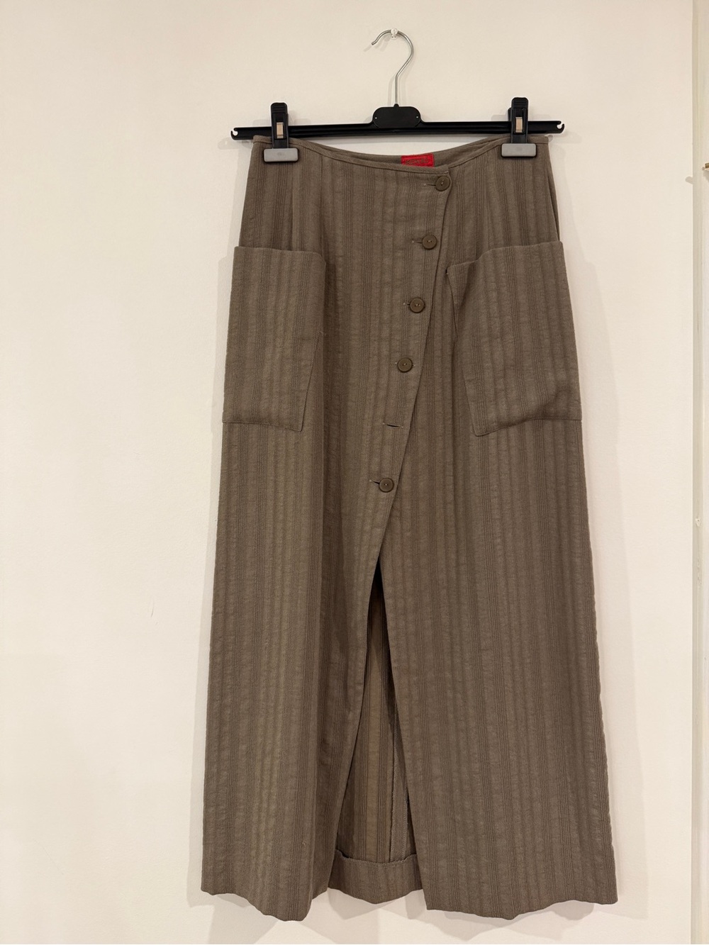 Vintage Kenzo Tan striped Maxi Skirt with Front Buttons and Patch Pockets